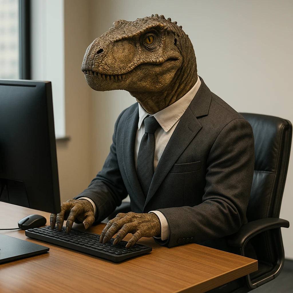 realistic dinosaur sitting on a chair, wearing a suit, using an office computer emoji