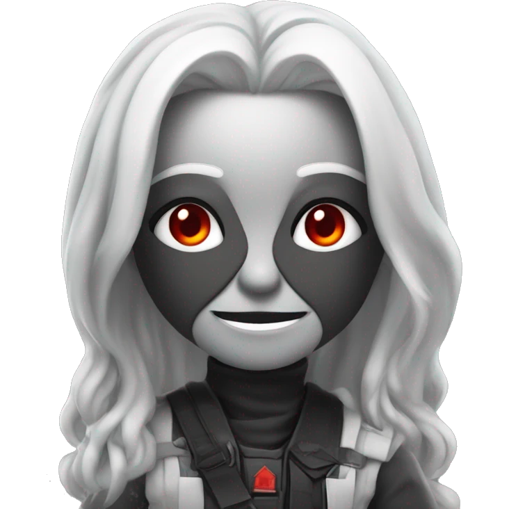 Specter, with long silver hair and red eyes, wears a revealing black and white outfit with tactical elements, striking a playful pose with a confident smirk. emoji