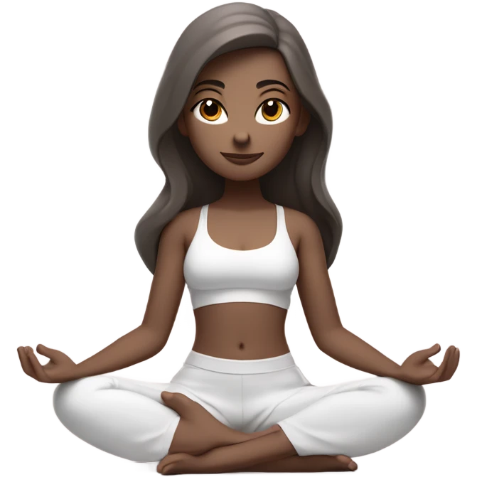 a girl with brown long hair, white skin tone with brown eyes, meditates in a relaxed lotus position in a comfortable monochrome white bra top and monochrome pink short skirt emoji