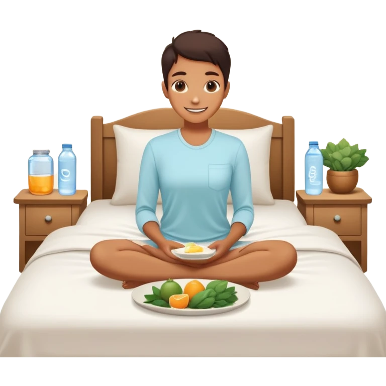 A person in the sun, with a plate of whole foods, water bottle, and glowing bed behind them. Nearby, smiling friends gather—symbolizing balance, healing, and connection through simple daily rituals. emoji