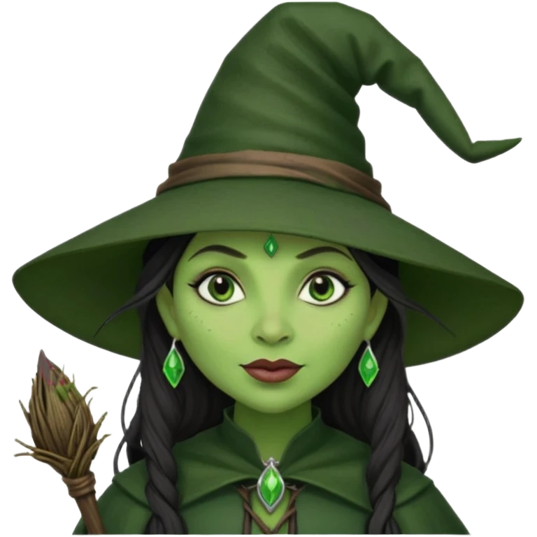 elphaba the wicked witch from wicked movie (cynthia erivo) dark long textured hair, thick lips, green skins, witch hat, witch broom emoji