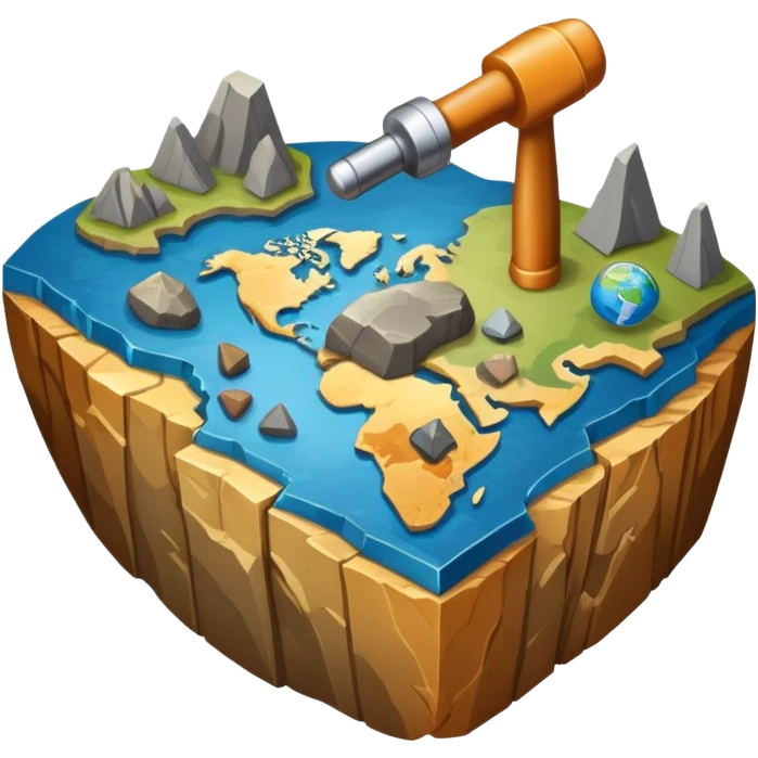An icon featuring a rock hammer, a geological map, and layers of Earth’s crust, symbolizing geology. The design includes mineral samples, fossils, and tectonic plates, representing the study of Earth’s structure and natural processes. Transparent background highlights geological exploration emoji