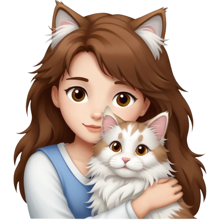 brown hair girl brown eyes hugging a white Maine Coon emoji