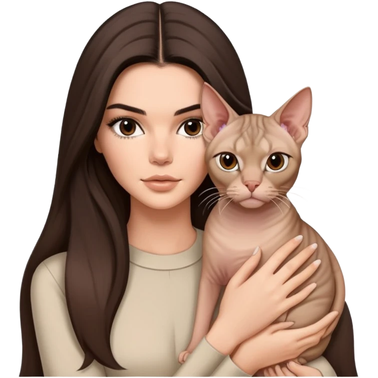 brunette Kendall Jenner with long hair holding on the hands Sphynx emoji