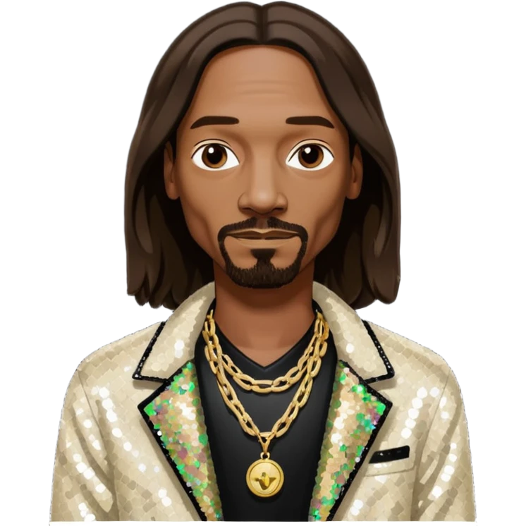 Snoop Dogg with long dark brown hair, ivory sequin jacket, black shirt with necklace emoji
