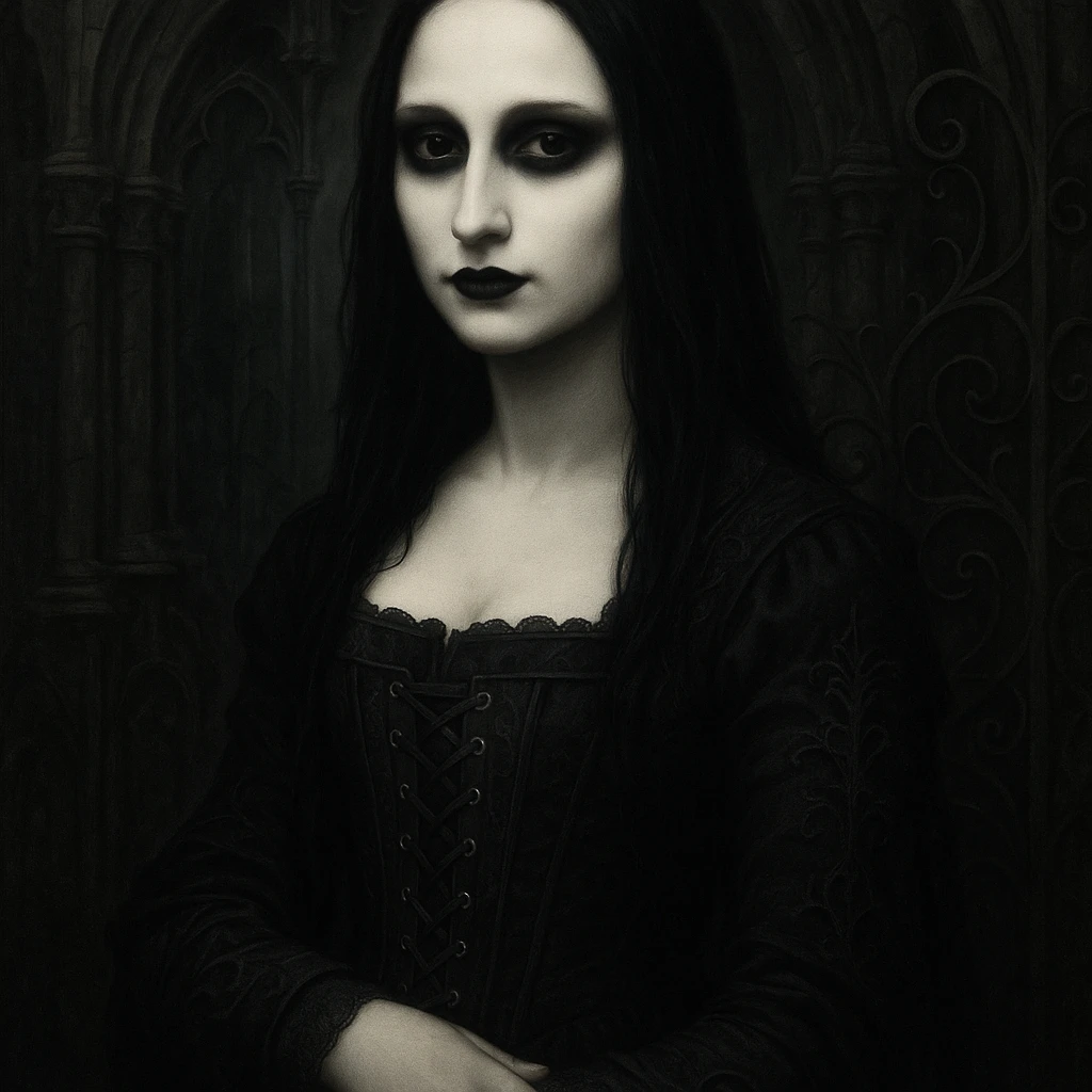 Gothic Mona Lisa, pale skin, black dress, gothic background emoji