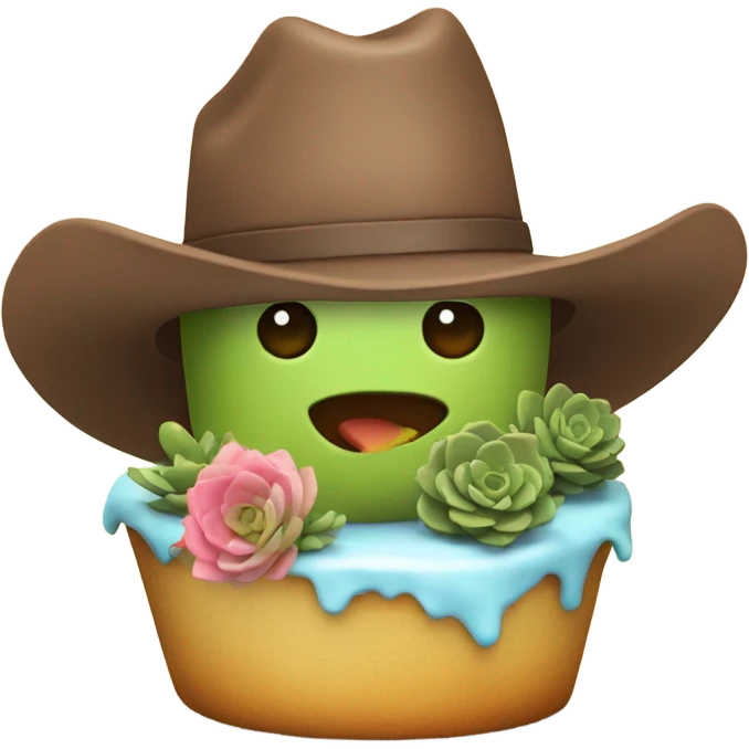 A succulent wearing a cowboy hat eating cake emoji