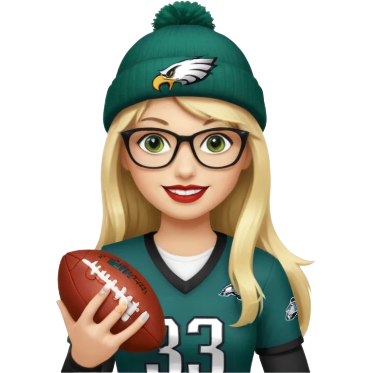 full length women wearing eagles uniform, long blonde hair, styled bangs, green eyes, black glasses, holding football, number 33, smiling, lipstick, eagles beanie emoji