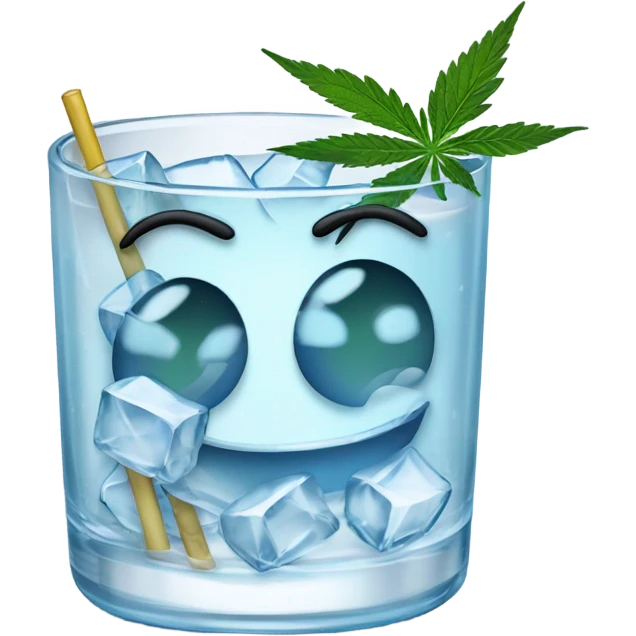 A smiling rocks glass filled with ice, cannabis garnish, straw and ice cubes emoji
