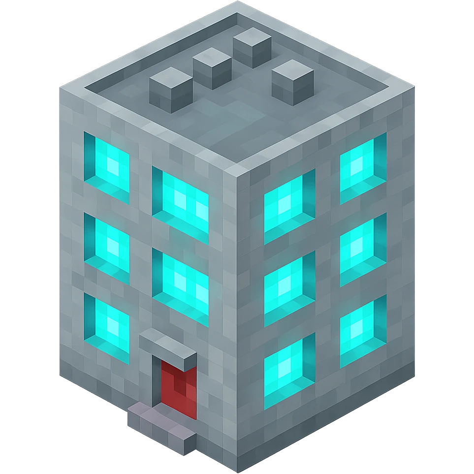Russian panel apartment building, compact square block, light gray, UV glowing windows, isometric view emoji