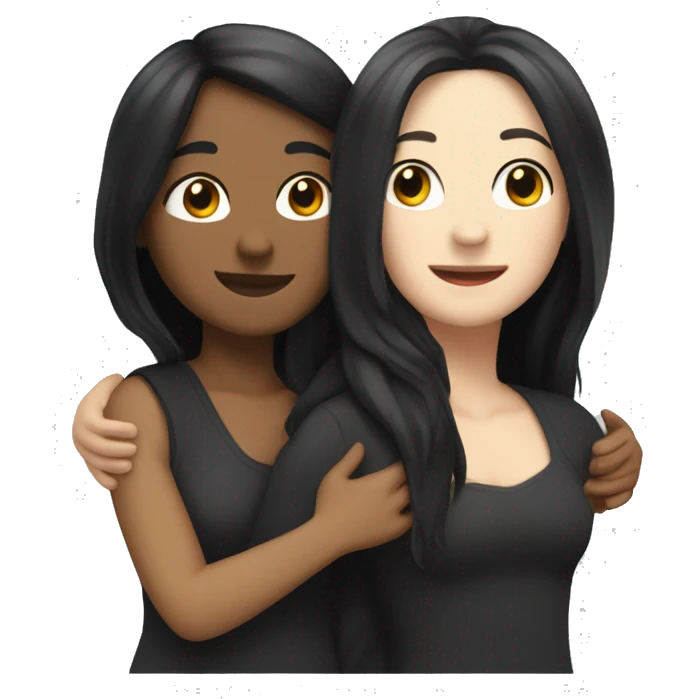 A lesbian couple that both have white skin and long black hair are hugging intimately, and romantically. emoji