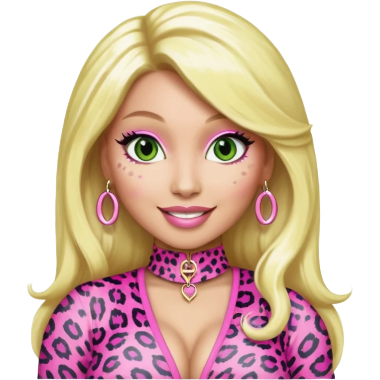 Smiling Green eyed light white skin Nicki Minaj wearing a pink leopard print outfit with blonde hair emoji