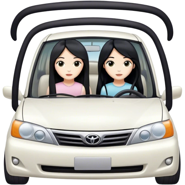 Two girls with long black hair, white, in white Toyota car from far view  emoji