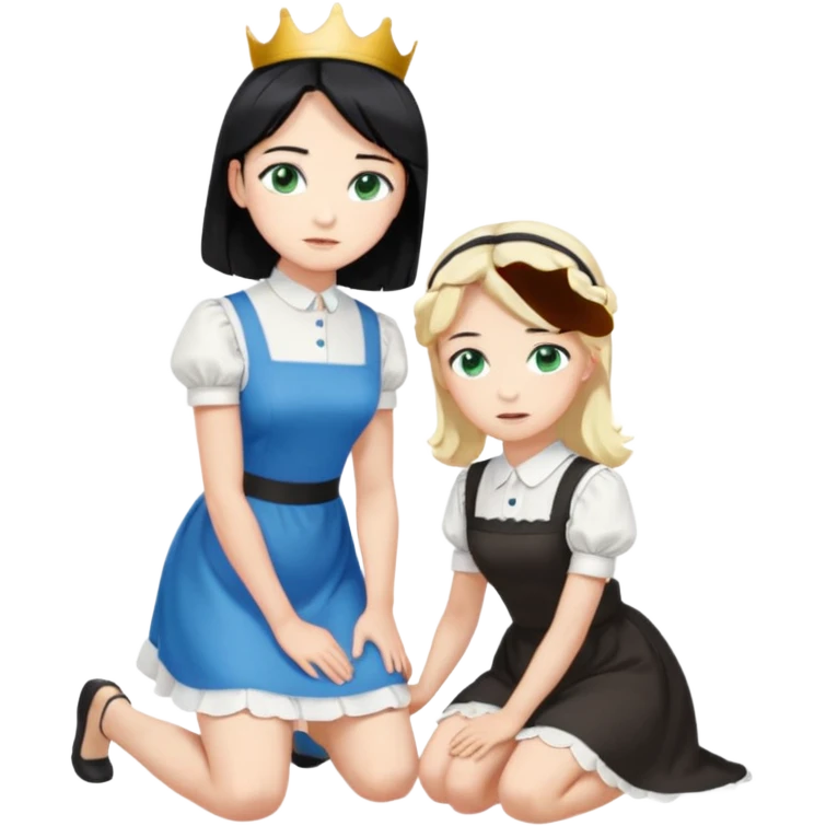 King, standig, black hair, blue eyes, garmont, and maid, blonde Hair, green eyes, white short sleveless dress, kneeling  emoji