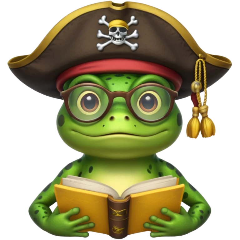 frog wearing pirate hat with glasses and yellow book emoji