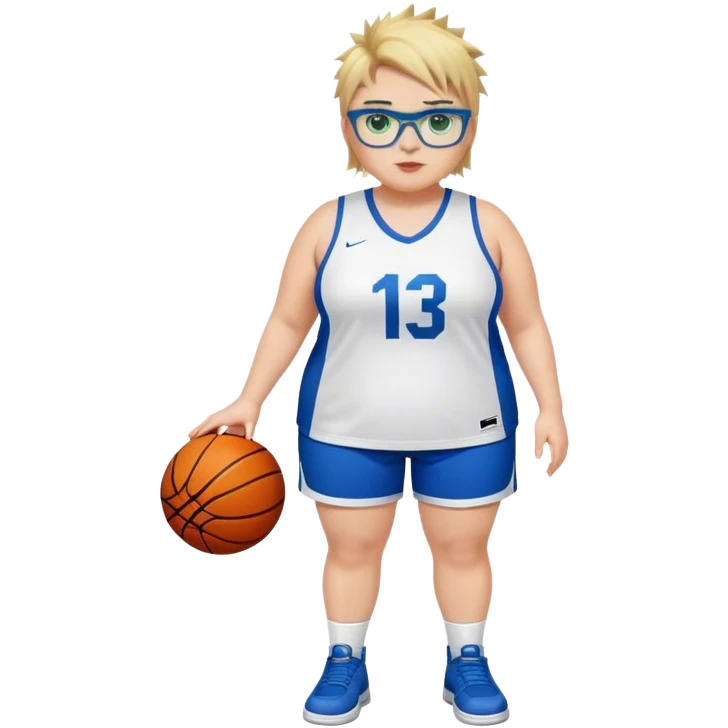 Full Body white plus size Girl with basketball spikey short brown and blonde hair  wearing blue glasses with green eyes wearing basketball uniform emoji
