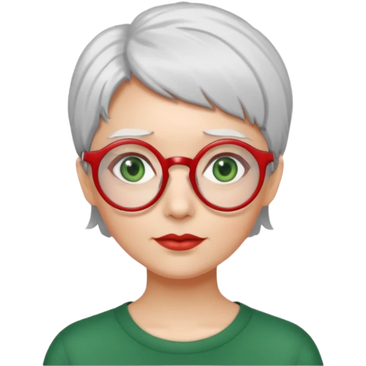 visage femme a lunettes ronde rouge fine avec cheveux courts gris-blancs aux yeux verts emoji
