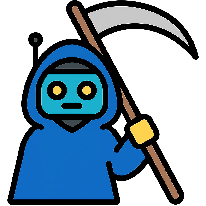 color outline icon of an AI robot as the Grim Reaper holding a scythe emoji