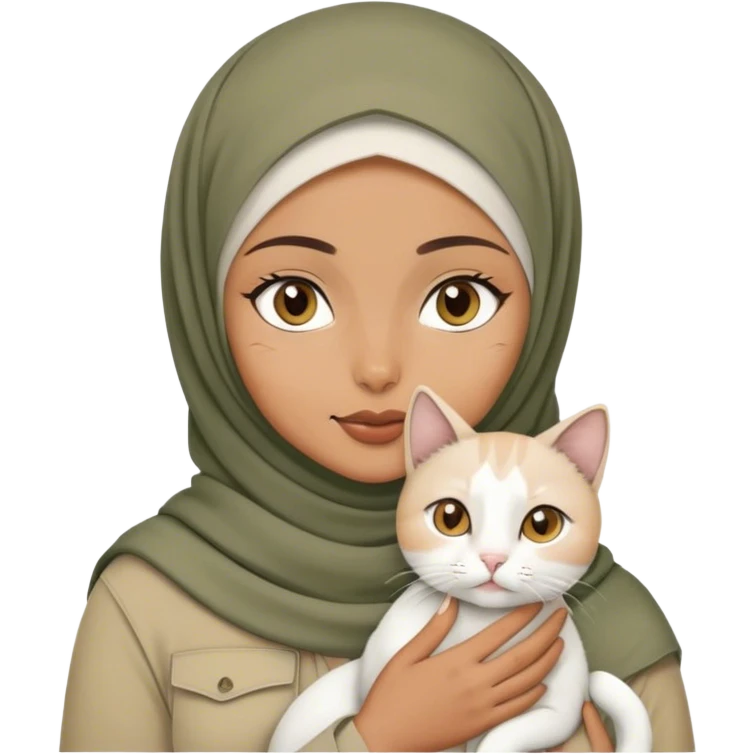 a woman with khaki colour hijab, brown eyes, holding a white cat emoji