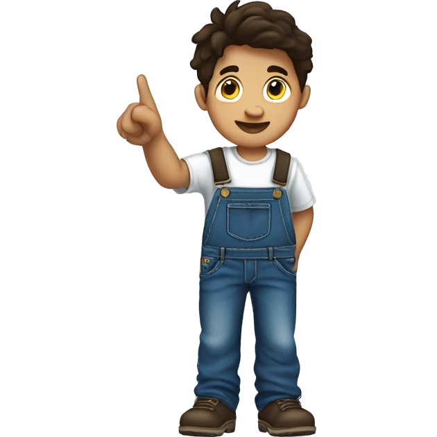 boy pointing to the sky, dark brown wavy hair, wearing blue jeans overalls and white shirt. half body. from behind emoji