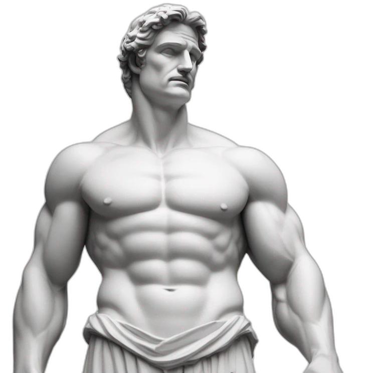 estátua dos pés a cabeça de um homem musculoso igual a Roma antiga. Mármore branco. Sem roupas. O bico do peito está em destaque emoji