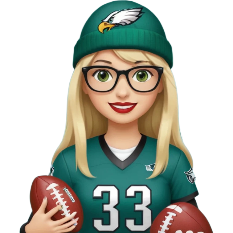 full length women wearing eagles uniform, long blonde hair, styled bangs, green eyes, black rectangle glasses, holding football, number 33, smiling, lipstick, eagles beanie emoji