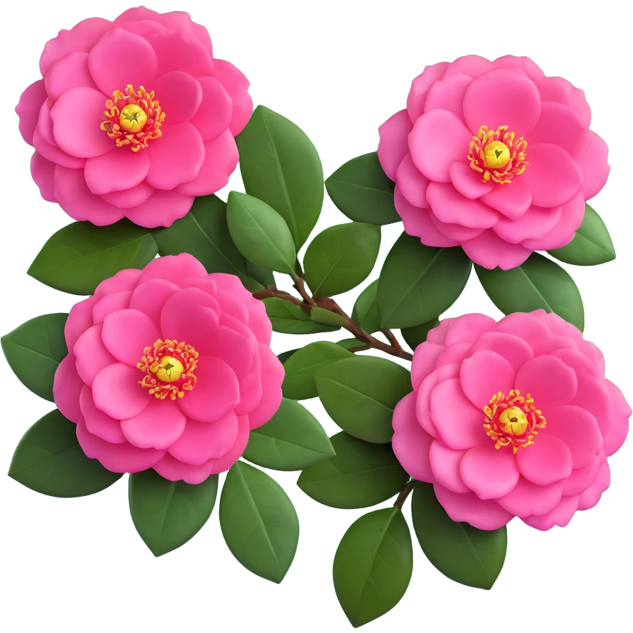 Detailed pink camellia flower with perfectly arranged petals and shiny dark green leaves emoji
