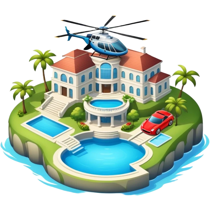 An island with big mansion with a swimming pools and fancy cars and a helicopter  emoji