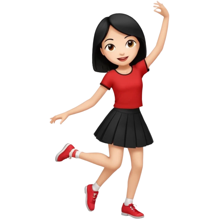 Chicas esbelta con falda corta negra y top rojo,pelo semi largo negro y lacio  super feliz,pero bailando emoji