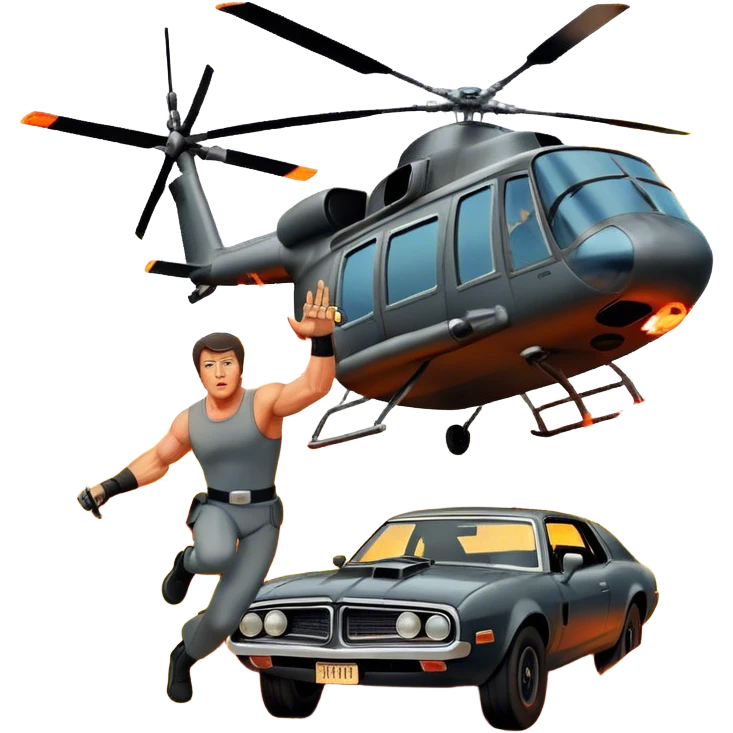 Icon for Action Movie: A vintage movie poster-style design featuring intense action scenes with explosions, weapons, and dramatic poses of Stallone. Include cars and helicopters flying out of flames in the background. Bold typography and retro cinematic style. Transparent background. emoji