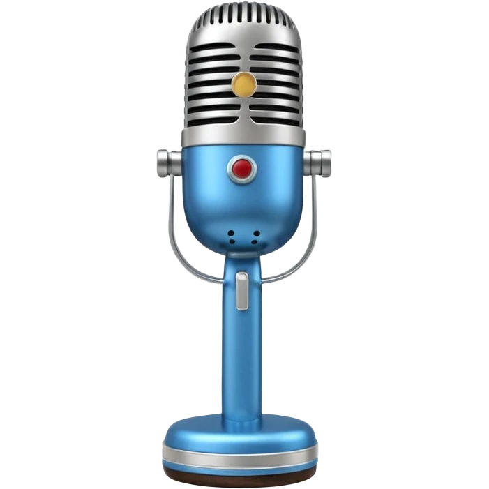 3D render of Elvis Microphone, vintage 1980s audio equipment aesthetic, tactile analog buttons, shiny silver metal grille with a blue handle, mixed wood grain and brushed aluminum textures, Apple emoji style, isolated on white background --v 6.0 emoji