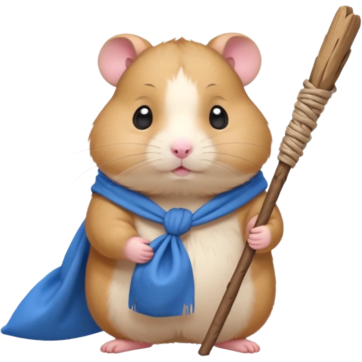 Cute fat cartoon-style hamster carrying a stick with a tied blue cloth bundle (bindle) over its shoulder with a melancholy expression. emoji