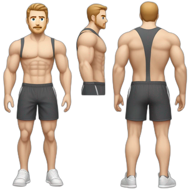 Full height Pale skinned muscular man With Realistic eyes and mouth, light brown hair and stubble In dark gray sleeveless mike, black oversize sports shorts, watch and white sneakers. emoji