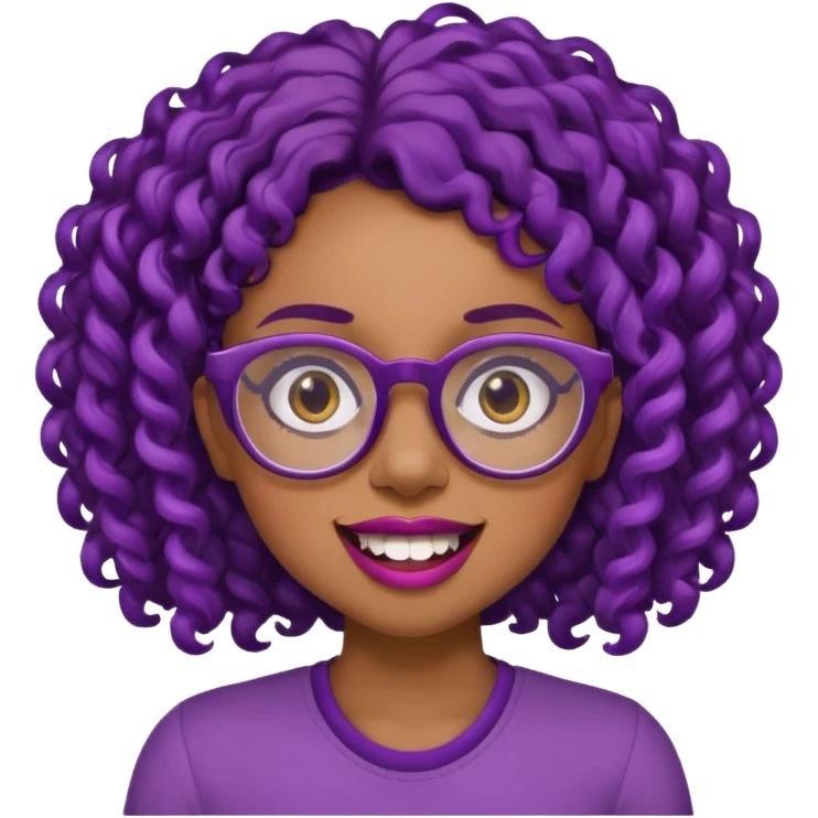 nerd emoji like with glasses showing only her 2 buck teeth but it’s a black girl with purple black curly hair face up only emoji