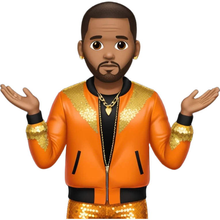R. Kelly with dark brown hair, orange sequin outfit emoji