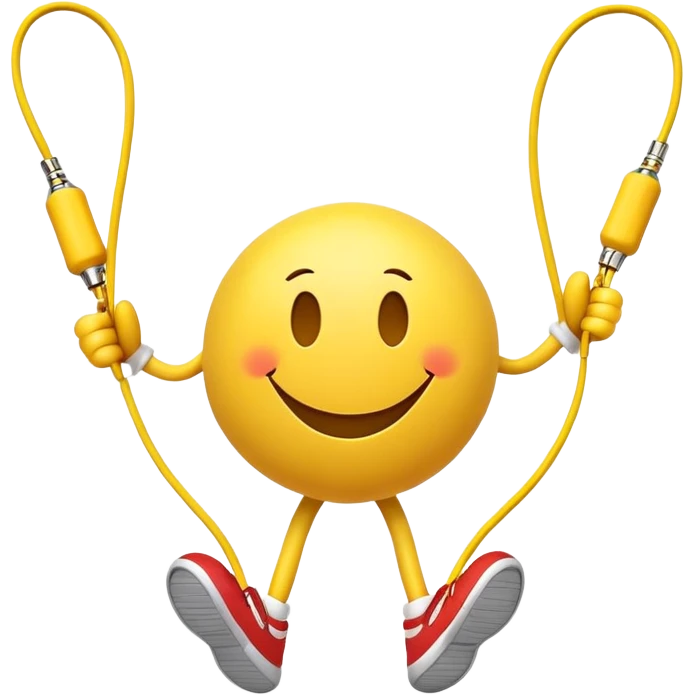 smiley face character jumping rope, energetic pose emoji