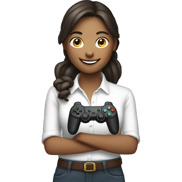 smiling girl in white shirt holding controller emoji