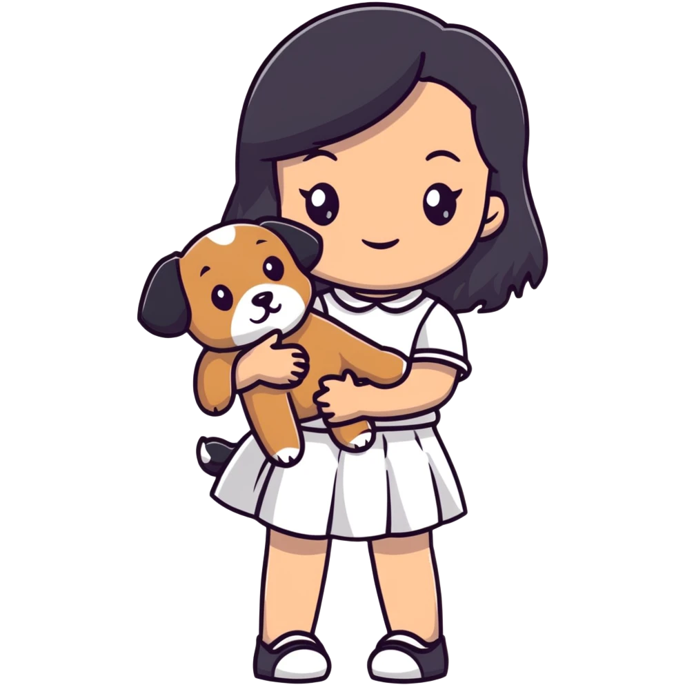A beautiful girl with long straight black hair wearing a white skirt holding a small brown curly teddy dog emoji