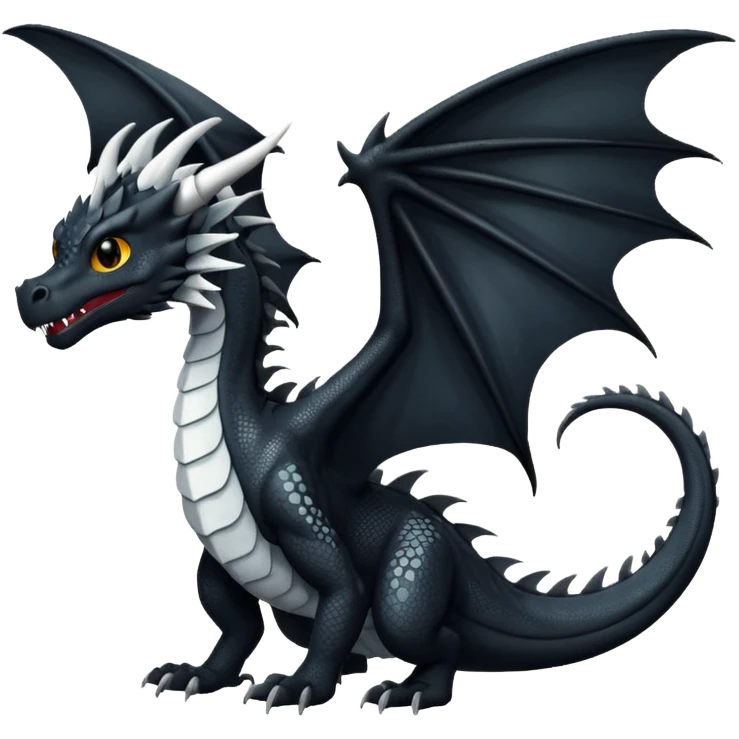A dragon that is  black 🖤 with white spots. HUGE wings and a tail emoji
