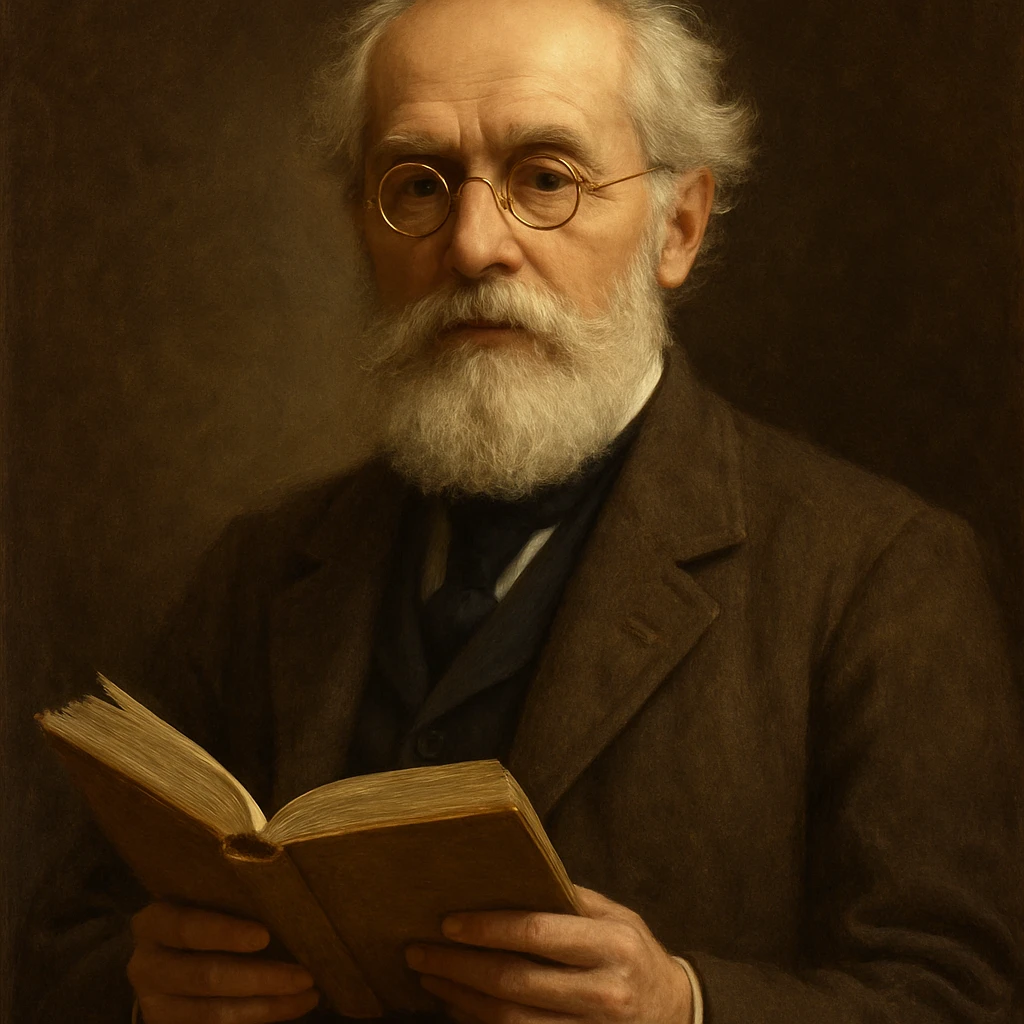 a wise poet with round gold spectacles, white beard, holding a book, scholarly and refined look emoji