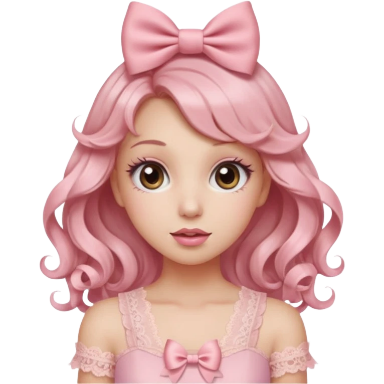 “Emoji girl, doe eyes, long fluttery lashes, soft pink blush, glossy rose lips, ribbon hair bow, romantic curls, wearing pastel pink lace top.” emoji