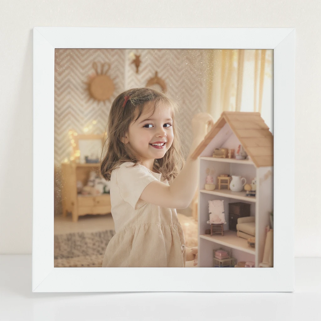 smiling girl arranging furniture in doll house emoji