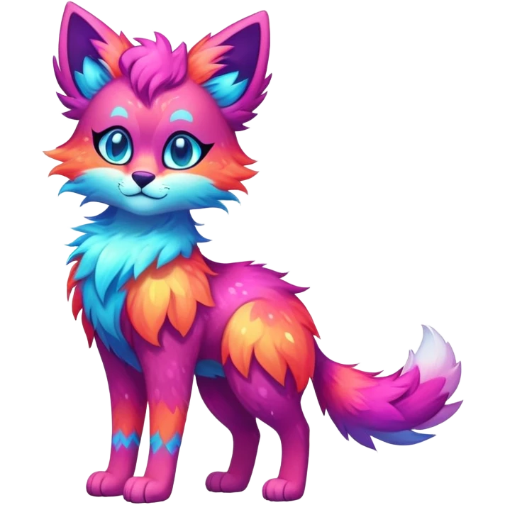 Vibrant multicolored neon-colored Falvie-Fionbri-creature-sparkle-feline-canine-hybrid-fursona, full body emoji