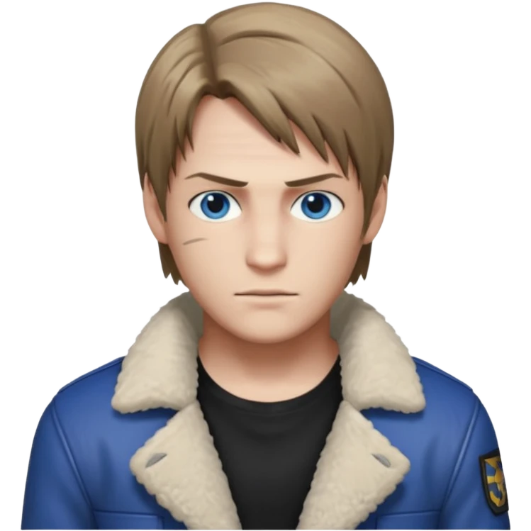 Leon Kennedy from resident evil 4 remake in sheepskin coat and black t-shirt blue eyes clean-shaved emoji