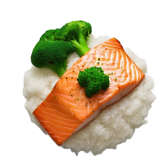Sautéed salmon on rice with steamed broccoli  emoji