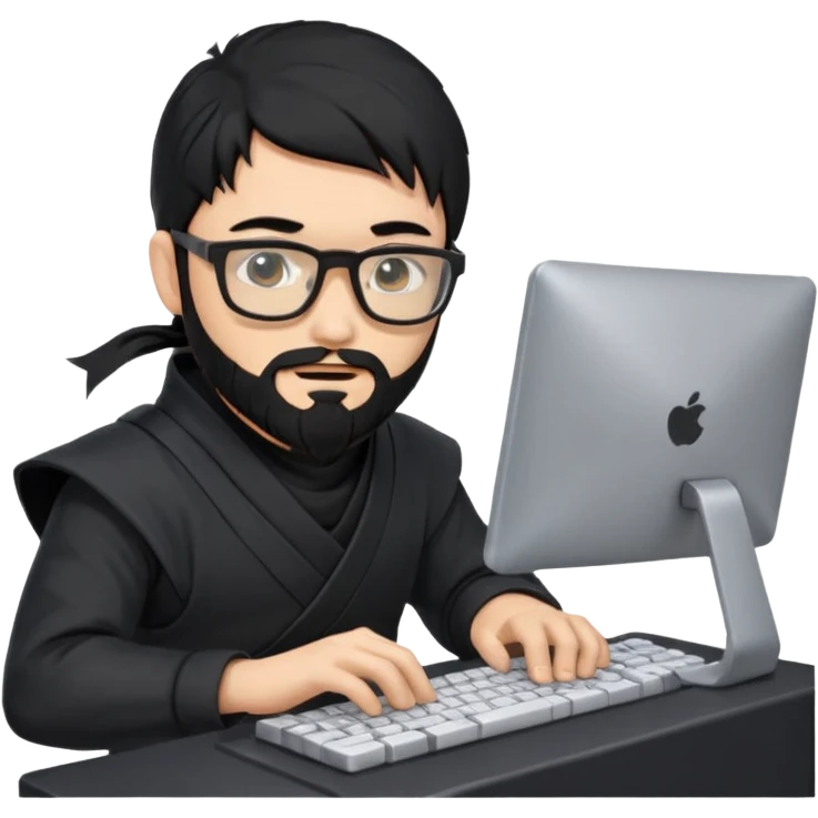 Man with black hair and beard wearing glasses in a ninja costume typing on a computer keyboard emoji