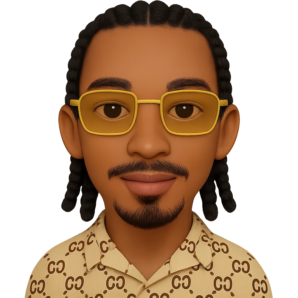 Create an emoji style smiley with a thin face, slightly lighter skin tone, beard only on the chin (no hair under the lower lip), mustache only above the upper lip, no hair under the lower lip, very detailed black braided hair as shown in the reference photos, rectangular golden sunglasses, beige top with GG pattern and visible collar, transparent background. Faithful details to the reference photos. emoji