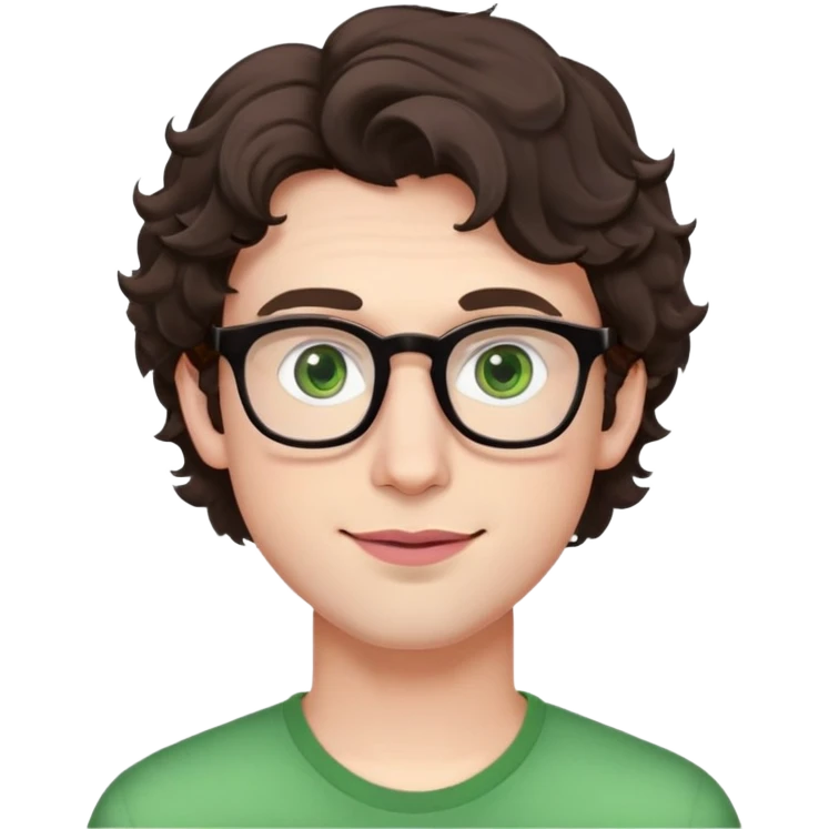 Young man with dark brown slightly wavy poofy hair (just a bit of curl, not too curly), green eyes wearing glasses, wide face with eyes set apart, bigger ears, very pale skin, slightly bigger nose, fuller darker pink lips with a smile, and very light stubble emoji