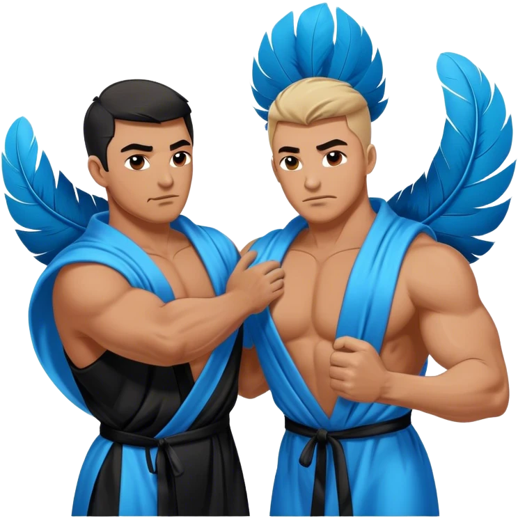 Two muscular men silk blue black robe pillow fight feathers emoji