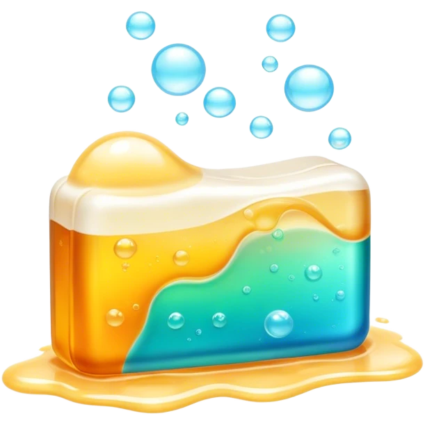 Soap making icon, soap bar with bubbles, melting ingredients like oils and lye, vibrant colors, minimalistic style, clean lines, transparent background. emoji